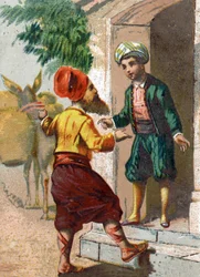 Illustration til Fortællingerne om de tusinde og en nat. Kaptajnen, skuffet som oliehandler og efterfulgt af 19 muldyr, hver af to store vaser, beder om Ali-Babas (Ali Baba) gæstfrihed. Kromolitografi omkring 1890.