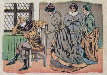 Illustration til fortællingen "Beauty and the Bete"": købmanden tabt i smerte. Indgravering af Quinn-billeder, omkring 1890.