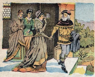 Illustration til fortællingen "La Belle et la Bete"": købmanden, der tog afsted på en rejse, sagde farvel til sine tre døtre og lovede dem en gave ved hjemkomsten. Indgravering af Quinn-billeder, omkring 1890.