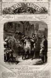 Illustration fra "" The Thousand Un Fantomes""-romanen af Alexandre Dumas pere dukkede op i "" The Bons Romans"" af 28/03/1865