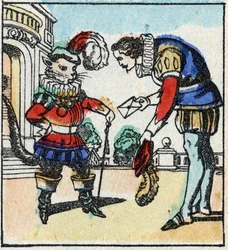 Illustration af Charles Perraults fortælling "The Cat Botte". Træstik af Imaging Pellerin - Epinal, sd. Slutningen af det 19. århundrede.