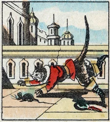 Illustration af Charles Perraults fortælling "The Cat Botte". Træstik af Imaging Pellerin - Epinal, sd. Slutningen af det 19. århundrede.