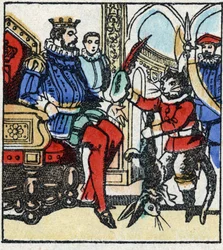 Illustration af Charles Perraults fortælling "The Cat Botte". Træstik af Imaging Pellerin - Epinal, sd. Slutningen af det 19. århundrede.