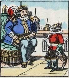 Illustration af Charles Perraults fortælling "The Cat Botte". Træstik af Imaging Pellerin - Epinal, sd. Slutningen af det 19. århundrede.