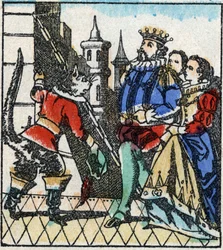 Illustration af Charles Perraults fortælling "The Cat Botte". Træstik af Imaging Pellerin - Epinal, sd. Slutningen af det 19. århundrede.