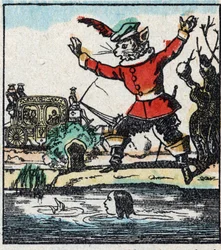 Illustration af Charles Perraults fortælling "The Cat Botte". Træstik af Imaging Pellerin - Epinal, sd. Slutningen af det 19. århundrede.