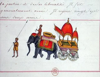 Illustration af en elefant, der trækker en vogn, tidligt i det 19. århundrede (papir)