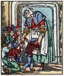 Illustration af "" Le petit poucet ""-fortællingen af Charles Perrault. Træstik af Imaging Pellerin - Epinal, sd. Slutningen af det 19. århundrede.