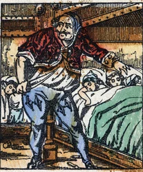 Illustration af "" Le petit poucet ""-fortællingen af Charles Perrault. Træstik af Imaging Pellerin - Epinal, sd. Slutningen af det 19. århundrede.