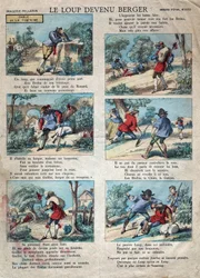 Illustration af fabel af Jean de la Fontaine (1621-1695): ulven blev hyrde. Epinal billeddannelse fra slutningen af det 19. århundrede.