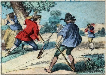 Illustration af fabel af Jean de la Fontaine (1621-1695): ulven blev hyrde. Epinal billeddannelse fra slutningen af det 19. århundrede.