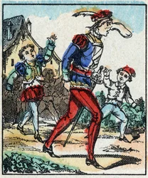 Illustration af fortællingen “The Adventures of Grand Flandrin”” Træstik fra Imaging Pellerin - Epinal, sd. Slutningen af det 19. århundrede.