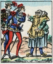 Illustration af fortællingen “The Adventures of Grand Flandrin”” Træstik fra Imaging Pellerin - Epinal, sd. Slutningen af det 19. århundrede.