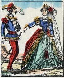 Illustration af fortællingen “The Adventures of Grand Flandrin”” Træstik fra Imaging Pellerin - Epinal, sd. Slutningen af det 19. århundrede.
