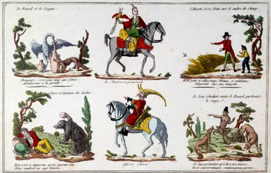 Illustrationsplade til fablerne af Jean de La Fontaine (1621-1695): Ræven og Storken, den kinesiske gående, bjørnen og haveelskeren, den kinesiske officer. Gravering