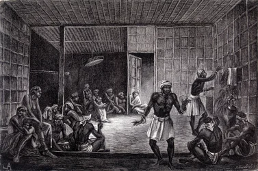Illustration udgivet i 1862-udgaven af "Le Tour du monde", der skildrer en session med eksorcisme praktiseret af dayaks på øen Borneo. Gravering.
