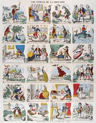 Illustrationer til fabler af Jean de La Fontaine (1621-95) imagerie Gangel og P. Didion i Metz (farvestik)