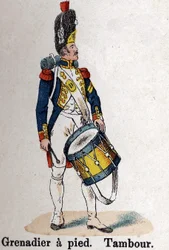 Imperial Guard Napoleon I: Grenadier til fods - Tromme. Tallerken fra bogen Les Uniformes de l