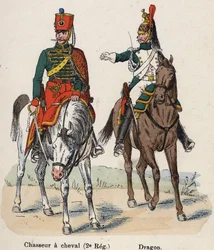 Imperial Guard Napoleon I: Horseback Hunter (2. Regiment) og Dragon. Tallerken fra bogen Les Uniforms de l