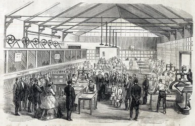 Imponer Eugenie og Imperial Prince besøger Banque de France, 23. juni 1866 - trykning af pengesedler - gravering i Le MONDE Illustrous DU 07/07/1866
