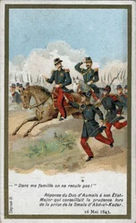 I min familie træder vi ikke tilbage!. Hertugen af Aumales svar til hans generalstab, der rådede til forsigtighed, da han tog smala (smalah) af Abd el Kader (Abd El-Kader) den 16. maj 1843. Kromolithografi af det 19. århundrede.