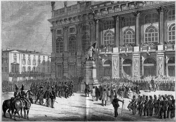 Indvielse af det sardinske monument af Vincenzo Vela (1820-1891), på Chateau Square i Torino (Italien) den 10. april 1859. Bag statuen er "Palazzo Madama". Baseret på Mr. Ferrys skitser. Indgravering i "" Le Monde Illustré"" nr. 106 af 23. april 18.