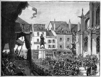 Indvielse af statuen af Honore Gabriel (Honore-Gabriel) Riqueti, greve af Mirabeau (1749-1791), fransk revolutionær, på Place Ducerceau i Montargis i 1888.