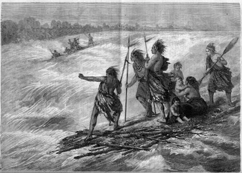 Indianere fra Canada, stående på trægrene knyttet sammen, ned ad Long Sault Rapids på St. Lawrence-floden