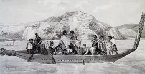 Indfødte New Zealandere på pirogue med befæstet landsby i baggrunden, 10. april
