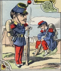 Infanteri linje. Indgravering i "Comic Military Alphabet". Femte serie. Epinal billeddannelse. Pellerin og Cie, Printers, Epinal, slutningen af det 19. århundrede. 16 sider. Mål: 25x18,5 cm