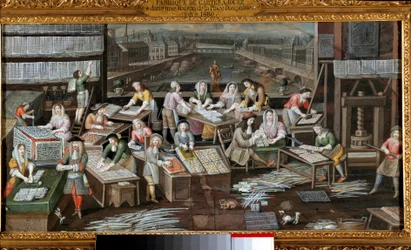 Inde i en spillekortfabrik i et Place Dauphine-hus i Paris De forskellige stadier af kortfremstilling og -salg er beskrevet. Maleri af den franske skole. 1680 omkring Paris, Musee Carnavalet