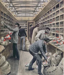 Interiør af en fransk jernbanepostvogn på tidspunktet for den franske poststrejke i 1909, illustration fra Le Petit Journal, 28. marts 1909