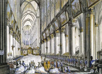 Indre syn på Notre-Dame de Paris, ved ankomsten af Marie Antoinette (1755-1793), dronning af Frankrig, for at deltage i den berømte messe for fødslen af hendes søn, den fremtidige Ludvig XVII (1785-1795). Gravering 1700-tallet.