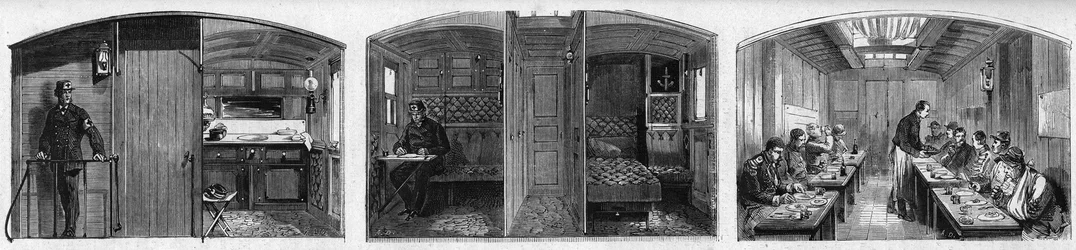 Indvendigt billede af lægevognen og spisevognen til et lægetog fra det franske Societe de secours aux weses militaires. Indgravering i "" Le Monde Illustré"" nr. 846 af 28. juni 1873.