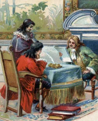 Interview af Gottfried Wilhelm Leibniz (1646-1716), tysk filosof med Jacques-Benigne (Jacques Benigne) Bossuet (1627-1704), fransk teolog og forfatter. kromolitografi.