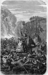 Invasion og plyndring af Rom af Alarik I, Vestgoternes konge i 410. Indgravering i "Histoire des Papes-Rois-Queen and Empereurs a travers les centuries"" af Maurice Lachatre