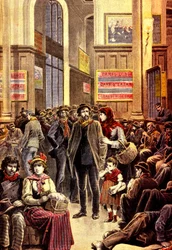 Italienske emigranter i Paris på Gare Saint Lazare banegård i marts 1896 (gravering)