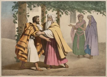 Jacob med Laban og hans døtre, illustration fra en katekismus LHistoire Sainte, udgivet af Charles Delagrave, Paris, slutningen af det 19. århundrede