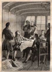 Jakob (Jacob) Roggeveen (1659-1729), hollandsk opdagelsesrejsende under sin rejse til Stillehavet i 1722 - illustration fra „Det 18. århundredes store søfarere“