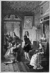 James Scott (James Crofts, James Fitzroy), hertug af Monmouth og Buccleuch (1649-1685) bønfalder for sit liv før James II (Jacques Stuart
