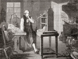 James Watt i sit Glasgow-værksted forbedrede Thomas Newcomens 1712 Newcomen-dampmaskine med sin Watt-dampmaskine i 1781, fra Les Merveilles de la Science, pub.1870.