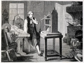 James Watt studerer perfektionen af Newcomens maskine (1767) - i "" Album of Science; berømte lærde; Store opdagelser”” 1896.