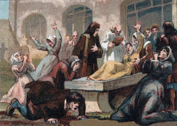 Jansenisme: kramperne (jansenistiske fanatikere) på kirkegården Saint Medard (Saint Medard) under Ludvig XV. kromolitografi omkring 1890.