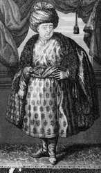 Jean-Baptiste Tavernier, tryk lavet af J.B. Scotin, frontispice til The Six Voyages of Jean-Baptiste Tavernier af Jean-Baptiste Tavernier, udgivet 1713