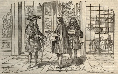 Jean Baptiste Colbert (Jean-Baptiste) (1619-1683) i møde med kong Ludvig XIV og Francois Louvois (1641-1691) i Versailles - gravering efter Leclerc -