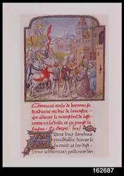 John of Gaunt bliver modtaget af borgerne i Bayonne ved byportene, fra Froissarts Chronicle, slutningen af det 15. århundrede