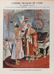Joseph Francois Dupleix (1697-1763) modtager det kejserlige emblem fra en indisk hersker, omslaget til skoleøvelsesbogen ca. 1900