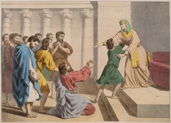 Joseph lader sig genkende af sine brødre, illustration fra en katekismus LHistoire Sainte, udgivet af Charles Delagrave, Paris, slutningen af det 19. århundrede