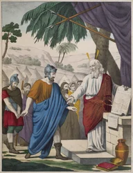 Joshua udpeget af Moses til hans efterfølger, illustration fra en katekismus LHistoire Sainte, udgivet af Charles Delagrave, Paris, slutningen af det 19. århundrede