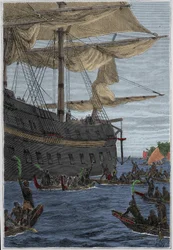 Samuel Wallis (1728-1795) rejse til Polynesien: indfødte folk holder banangrene i hånden som en velkomsthilsen - illustration taget fra "The Great Mariners of the 18th century""